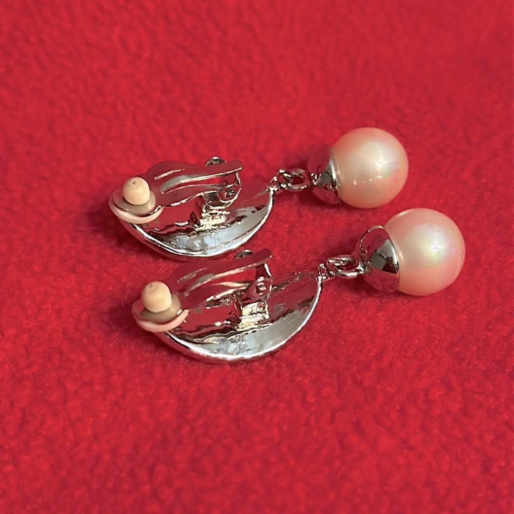 Elegant and Sparkle Pave Crystal and Faux Pearl Silver Clip On Drop Earrings - Picture 5 of 6